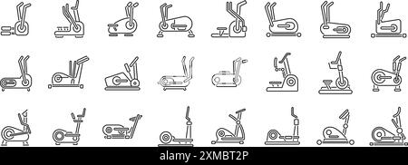 Symbole für elliptische Maschinen festgelegt. Das Set von Crosstrainern zeigt verschiedene Arten von Crosstrainern für ein großartiges Cardio-Workout Stock Vektor