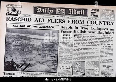 „Rashid Ali flieht aus dem Land“-Schlagzeile auf der Titelseite der Daily Mail (Replik), 31. Mai 1941. Stockfoto