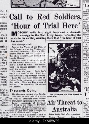 „Call to Red Soldiers 'Hour of Trial here'“-Überschrift auf der Titelseite der Daily Mail (Replik) vom 15. Oktober 1941. Stockfoto