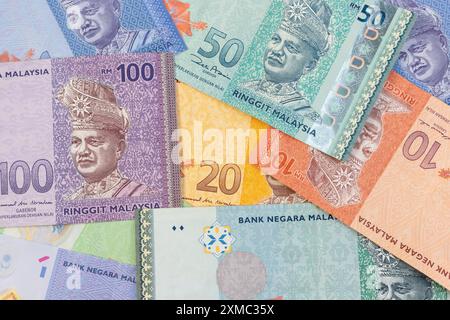 Bunte Gemischte Malaysische Ringgit-Banknoten Hintergrund - Finanzielle Vielfalt. Stockfoto