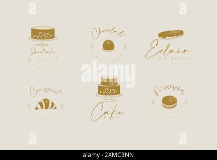 Süßwaren süße Etiketten Kuchen, Süßigkeiten, Eclair, Croissant, Macarons mit Textzeichnung auf beigem Hintergrund Stock Vektor