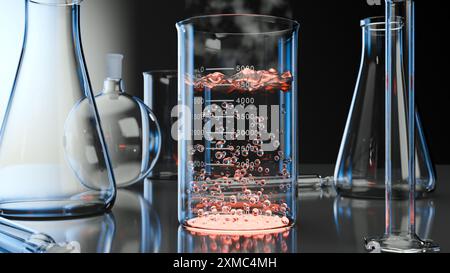 Glasbecher mit kochender Flüssigkeit, Wasser beginnt in einem Laborkolben zu kochen und Dampf austritt von oben, Falke oder Trank oder Erlenmeyer, Testbehälter Stockfoto