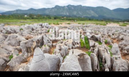 Erodierte Felsformationen am Rande der Klippen von Bufones de Pria, Llames, Asturien, Spanien Stockfoto