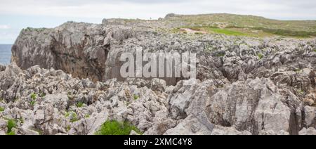 Erodierte Felsformationen am Rande der Klippen von Bufones de Pria, Llames, Asturien, Spanien Stockfoto