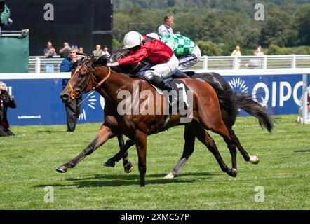 Ascot, Vereinigtes Königreich. Samstag, 27. Juli 2024. Unsere Bedingungen und Ryan Moore gewinnen den britischen EBF Crocker Bulteel „Constriced“ Maiden Stakes für Trainer Richard Hannon und Eigentümer R.Barnett. Credit JTW equine Images / Alamy Live News Stockfoto