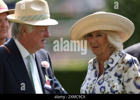 Königin Camilla während des QIPCO King George Day auf der Ascot Racecourse, Berkshire. Bilddatum: Samstag, 27. Juli 2024. Stockfoto