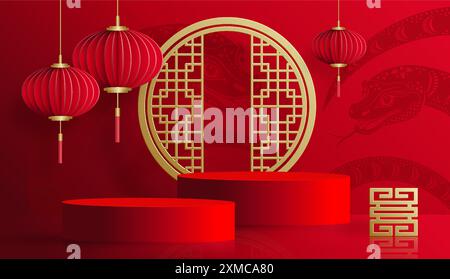 3D-Podium-Runde Bühne für glückliches chinesisches Neujahr 2024 Dragon Zodiac Zeichen, auf farbigem Hintergrund (Chinesisch Übersetzung: Glückliches neues Jahr 2024, Jahr des Drago Stock Vektor