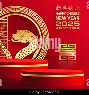 3D-Podium-Runde Bühne für glückliches chinesisches Neujahr 2024 Dragon Zodiac Zeichen, auf farbigem Hintergrund (Chinesisch Übersetzung: Glückliches neues Jahr 2024, Jahr des Drago Stock Vektor