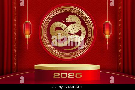 3D-Podium-Runde Bühne für glückliches chinesisches Neujahr 2024 Dragon Zodiac Zeichen, auf farbigem Hintergrund (Chinesisch Übersetzung: Glückliches neues Jahr 2024, Jahr des Drago Stock Vektor