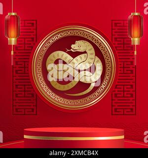 3D-Podium-Runde Bühne für glückliches chinesisches Neujahr 2024 Dragon Zodiac Zeichen, auf farbigem Hintergrund (Chinesisch Übersetzung: Glückliches neues Jahr 2024, Jahr des Drago Stock Vektor
