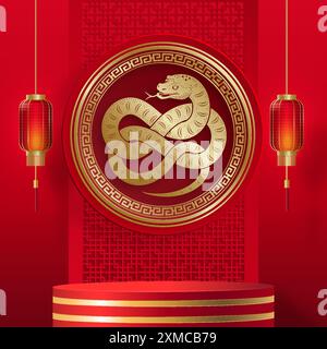 3D-Podium-Runde Bühne für glückliches chinesisches Neujahr 2024 Dragon Zodiac Zeichen, auf farbigem Hintergrund (Chinesisch Übersetzung: Glückliches neues Jahr 2024, Jahr des Drago Stock Vektor