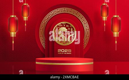 3D-Podium-Runde Bühne für glückliches chinesisches Neujahr 2024 Dragon Zodiac Zeichen, auf farbigem Hintergrund (Chinesisch Übersetzung: Glückliches neues Jahr 2024, Jahr des Drago Stock Vektor
