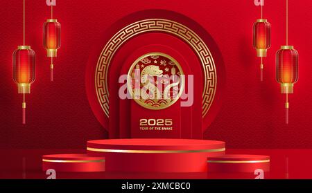 3D-Podium-Runde Bühne für glückliches chinesisches Neujahr 2024 Dragon Zodiac Zeichen, auf farbigem Hintergrund (Chinesisch Übersetzung: Glückliches neues Jahr 2024, Jahr des Drago Stock Vektor