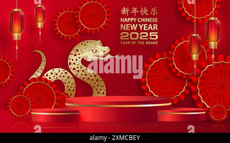 3D-Podium-Runde Bühne für glückliches chinesisches Neujahr 2024 Dragon Zodiac Zeichen, auf farbigem Hintergrund (Chinesisch Übersetzung: Glückliches neues Jahr 2024, Jahr des Drago Stock Vektor