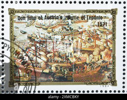 Von Nordkorea gedruckte Briefmarke mit Porträts europäischer Herrscher, Don Johannes von Österreich in der Lepanto-Schlacht, um 1984. Stockfoto