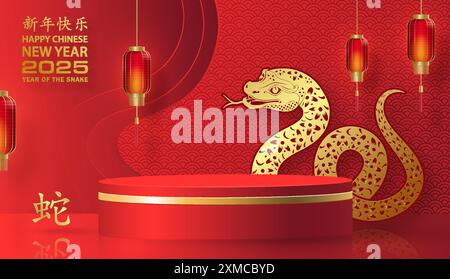 3D-Podium-Runde Bühne für glückliches chinesisches Neujahr 2024 Dragon Zodiac Zeichen, auf farbigem Hintergrund (Chinesisch Übersetzung: Glückliches neues Jahr 2024, Jahr des Drago Stock Vektor