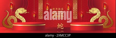 3D-Podium-Runde Bühne für glückliches chinesisches Neujahr 2024 Dragon Zodiac Zeichen, auf farbigem Hintergrund (Chinesisch Übersetzung: Glückliches neues Jahr 2024, Jahr des Drago Stock Vektor