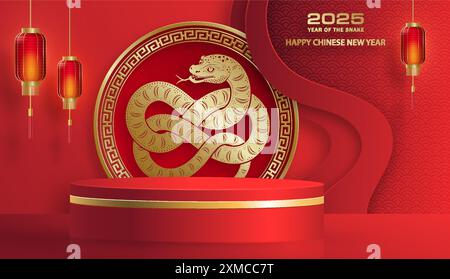 3D-Podium-Runde Bühne für glückliches chinesisches Neujahr 2024 Dragon Zodiac Zeichen, auf farbigem Hintergrund (Chinesisch Übersetzung: Glückliches neues Jahr 2024, Jahr des Drago Stock Vektor