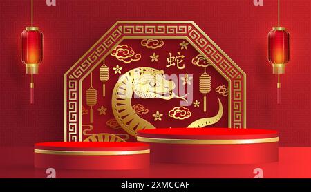 3D-Podium-Runde Bühne für glückliches chinesisches Neujahr 2024 Dragon Zodiac Zeichen, auf farbigem Hintergrund (Chinesisch Übersetzung: Glückliches neues Jahr 2024, Jahr des Drago Stock Vektor