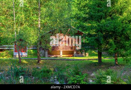 Holzhäuser im Wald. Stockfoto