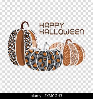 Happy Halloween Symbol mit 3 verschiedenen Tiermustern und unterschiedlich geformten Kürbissen Stock Vektor