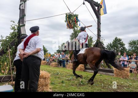 Klockenhagen, Deutschland. Juli 2024. Ein Reiter schlägt eine Heringsboje mit einem Schläger. Er konkurriert mit 15 weiteren Fahrern um mehrere Königstitel beim traditionellen Fassschlagen in Klockenhagen. 2017 wurde die weit verbreitete Praxis des Fass-Schlagens auf der Ostsee in die Liste des immateriellen Kulturerbes der UNESCO aufgenommen. Quelle: Stephan Schulz/dpa/Alamy Live News Stockfoto