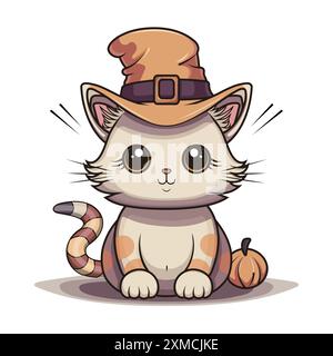 Entzückendes, gelb gepunktetes Kätzchen mit funkelnden Augen und einem leichten Lächeln mit Hexenhut Stock Vektor