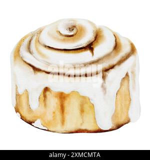 Zimt, Zimt Aquarell. Handgezogenes Zimtbrötchen mit Frischkäse. Klassisches amerikanisches Sweet. Clip-Art isoliert auf weißem Hintergrund. Für Kaffee Stockfoto