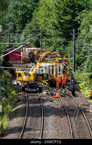 Instandsetzungsarbeiten an den Gleisen der S-Bahn-Linie 9, zwischen Essen und Wuppertal, bei Essen-Kupferdreh, wegen des Hochwassers im Juli 2020 waren die Gleise Stockfoto