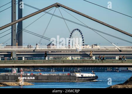 Fußgängerbrücke über den Medienhafen, Riesenrad in der Altstadt, Frachtschiff auf dem Rhein, Hafeneinfahrt und Rheinkniebrücke, über die Stockfoto