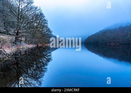 Rursee in der Eifel, Stausee, Obersee, im Winter Nebel, in der Nähe von Heimbach, Nordrhein-Westfalen, Deutschland Stockfoto