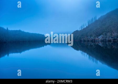 Rursee in der Eifel, Stausee, Obersee, im Winter Nebel, in der Nähe von Heimbach, Nordrhein-Westfalen, Deutschland Stockfoto