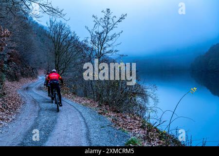 Rursee in der Eifel, Stausee, Obersee, im Winter Nebel, in der Nähe von Heimbach, Nordrhein-Westfalen, Deutschland Stockfoto