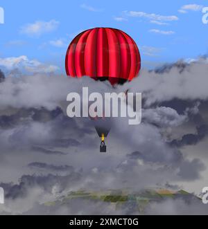 Ein roter Heißluftballon ist in einer Schicht dunkler Wolken mit der Oberseite des Ballons bei klarem Wetter oben in einer 3D-Illustration über Wetter und bal zu sehen Stockfoto