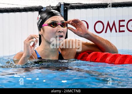 Paris, Frankreich. Juli 2024. Rikako Ikee aus Japan reagiert auf die Teilnahme an den schwimmenden 100 m Butterfly Women Heats während der Olympischen Spiele 2024 in Paris (Frankreich) am 27. Juli 2024. Quelle: Insidefoto di andrea staccioli/Alamy Live News Stockfoto