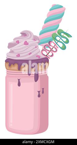 Monster Shake mit Donut, Schlagsahne, Herzstreuseln, Tornado-Marshmallows und Roll-Gelee, mit lila Sirup, der über eine Flasche Rosa fließt Stock Vektor