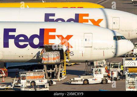 Flughafen Köln-Bonn, CGN, FedEx-Frachtflugzeuge vor dem Luftfrachtzentrum stehen, be- und entladen, Eurowings Airbus Nord Stockfoto