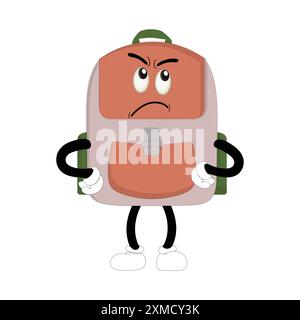 Rucksack Maskottchen Cartoon zurück zur Schule und viel Spaß. Charakterkritzelillustration einer Schultasche, Retro-Charakterdesign einer Schultasche Stock Vektor
