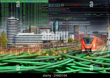 Symbolisches Bild der kritischen Infrastruktur, der Skyline von Düsseldorf, des Medienhafens, des Datenkabels, des Hackercodes Stockfoto