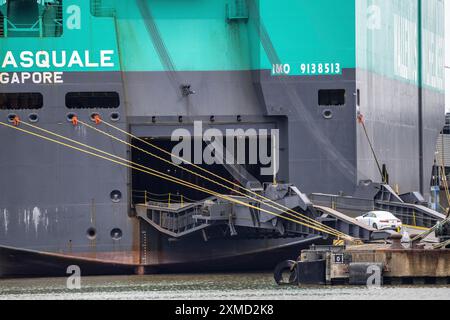 Beladung von Neuwagen am BLG AutoTerminal Bremerhaven, für den Export ins Ausland, Autoträger Don Pasquale der Reederei Wallenius Wilhelmsen Stockfoto