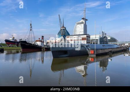 U-Boot, Wilhelm Bauer, Technikmuseum, Alter Hafen, Hafenbecken, hafenviertel, Sail City Gebäude, Klimahaus Bremerhaven, Museum Stockfoto