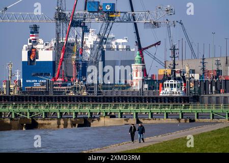 Autotransporterschiff, GOLIATH-FÜHRER, am Frachtterminal Columbuskaje, Hafenkrane, historischer Pingelturm, Weserdeich, im Seehafen von Stockfoto