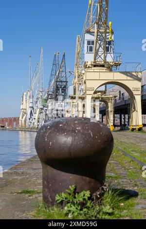 Hafenkrane auf dem Scheldekai, der weltweit größten Sammlung historischer Kraniche, sind Teil des MAS, Museum aan de Stroom, Museum am Strom Stockfoto