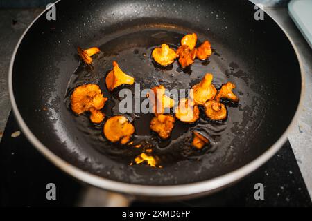 Pfifferlingen werden in einer Pfanne gebraten. Hochwertige Fotos Stockfoto