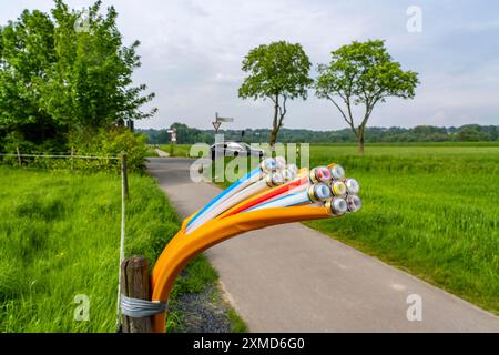 Glasfaserkabel, frisch auf einem Feldweg verlegt, in einem Fahrerlager, warten auf weitere Erweiterung, Erweiterung und Bereitstellung von Hochgeschwindigkeits-Internet auf dem Land Stockfoto