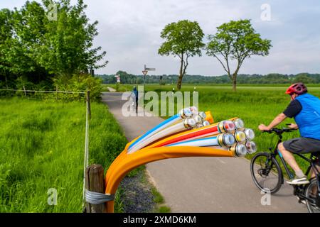 Glasfaserkabel, frisch auf einem Feldweg verlegt, in einem Fahrerlager, warten auf weitere Erweiterung, Erweiterung und Bereitstellung von Hochgeschwindigkeits-Internet auf dem Land Stockfoto