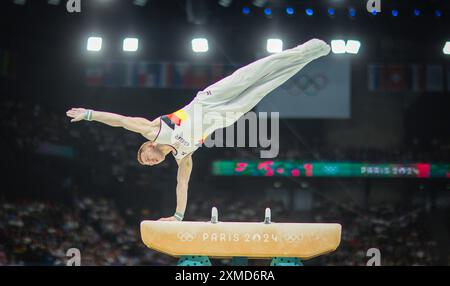 Paris, Frankreich. Juli 2024. Nils Dunkel (Deutschland) Paris 2024 Olympische Spiele Kunstturnen Pommel Pferd Olympische Spiele 27.07.2024 Credit: Moritz Müller/Alamy Live News Stockfoto