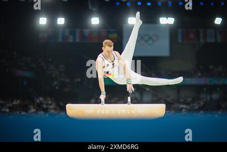 Paris, Frankreich. Juli 2024. Nils Dunkel (Deutschland) Paris 2024 Olympische Spiele Kunstturnen Pommel Pferd Olympische Spiele 27.07.2024 Credit: Moritz Müller/Alamy Live News Stockfoto