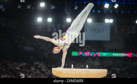 Paris, Frankreich. Juli 2024. Nils Dunkel (Deutschland) Paris 2024 Olympische Spiele Kunstturnen Pommel Pferd Olympische Spiele 27.07.2024 Credit: Moritz Müller/Alamy Live News Stockfoto