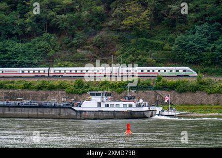 Linkes Ufer der Rheinbahnstrecke im Oberen Mittelrheintal, bei Kaub, ICE-Bahn, Rheinland-Pfalz, Deutschland Stockfoto